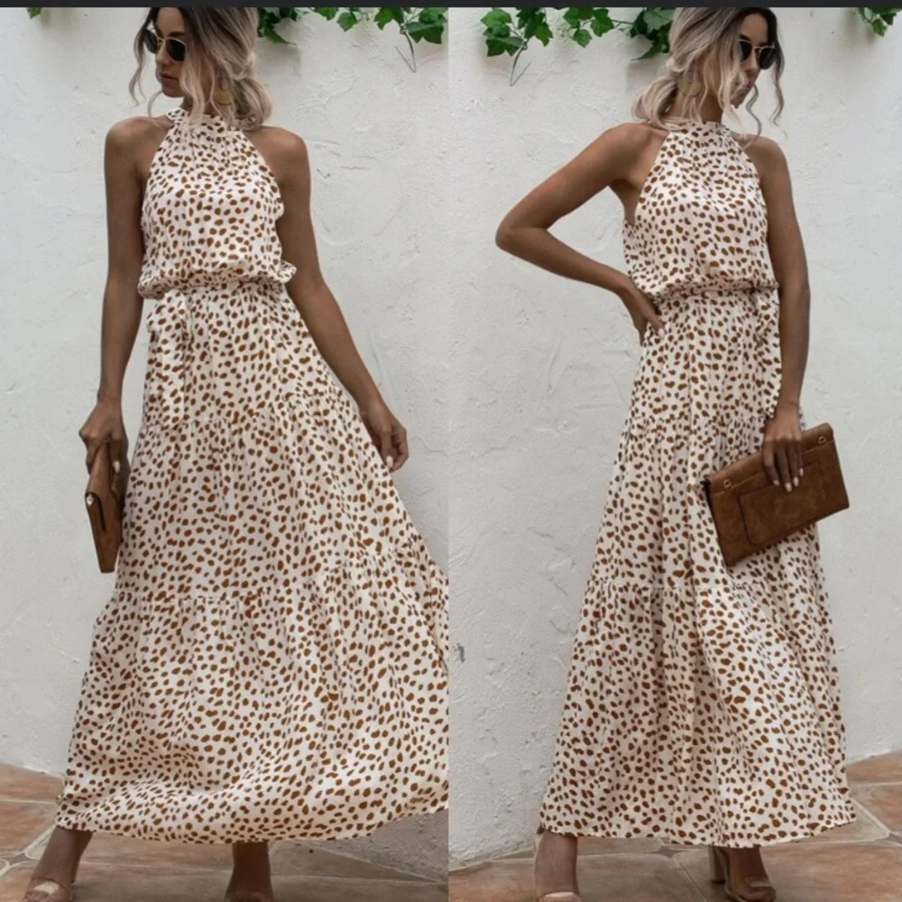 Boho cream brown  halter dot belted maxi dress